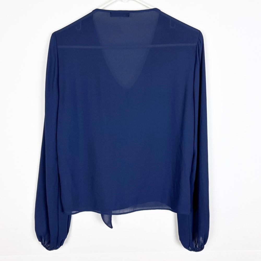 Krisa Top Size Small Navy Blue Chiffon Layered Tie Front Long Sleeve V Neck - Picture 2 of 7